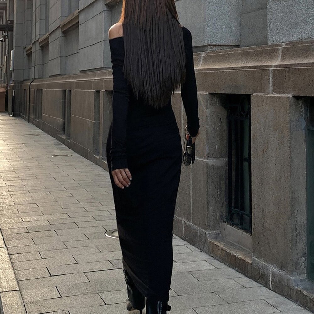 Commense Off-Shoulder Ribbed Long-Sleeve Knit Maxi Dress - NWT - Picture 2 of 7